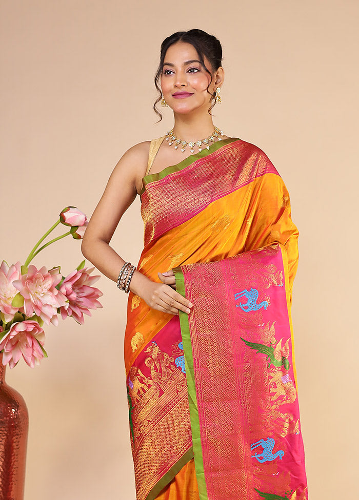Orange Gadwal Pure Silk Saree Without Blouse Piece