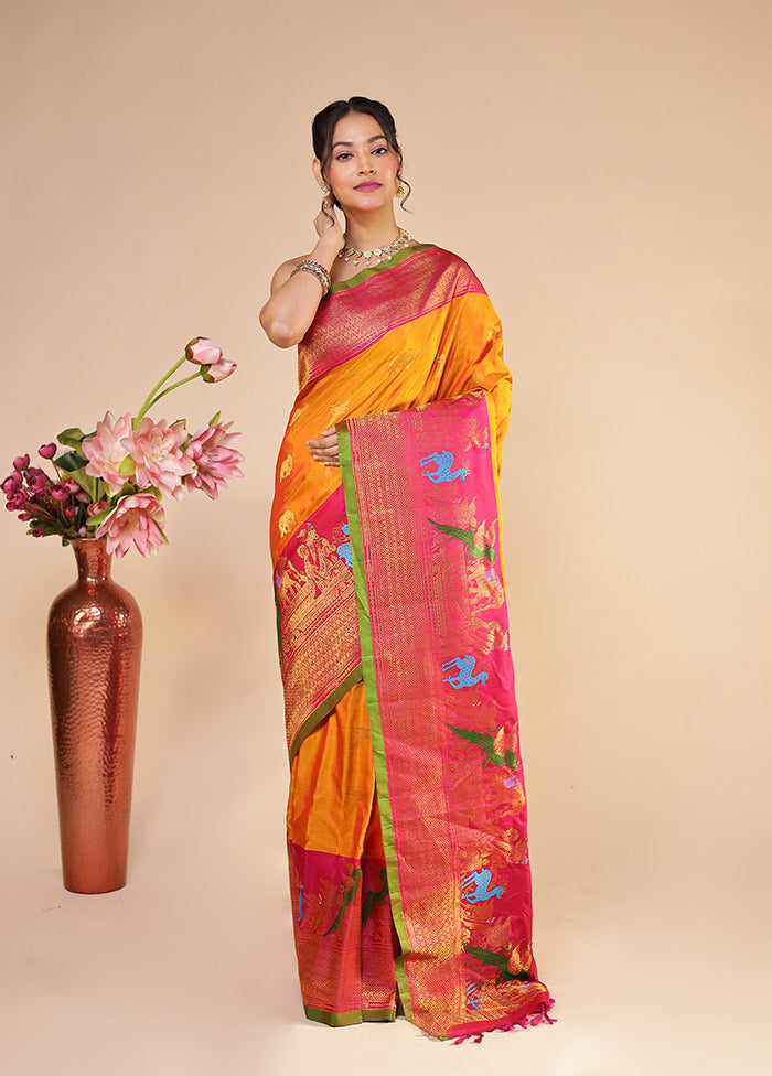 Orange Gadwal Pure Silk Saree Without Blouse Piece