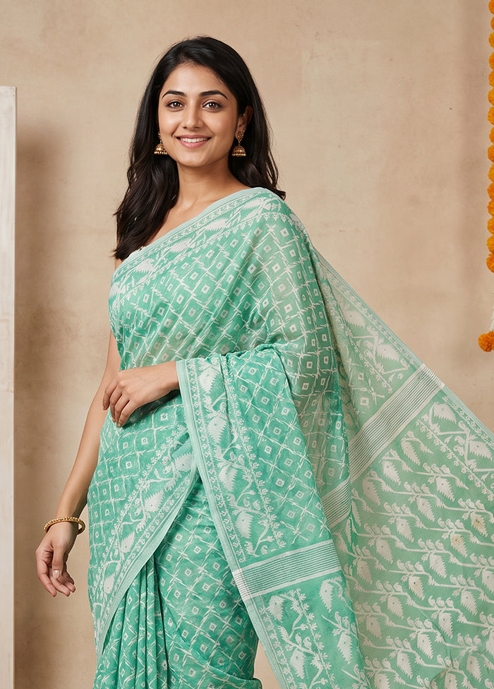 Green Jamdani Cotton Saree Without Blouse Piece