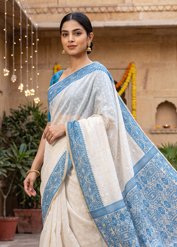 Cream Jamdani Cotton Saree Without Blouse Piece