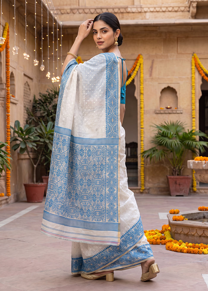 Cream Jamdani Cotton Saree Without Blouse Piece