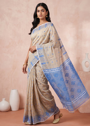 Blue Jamdani Cotton Saree Without Blouse Piece