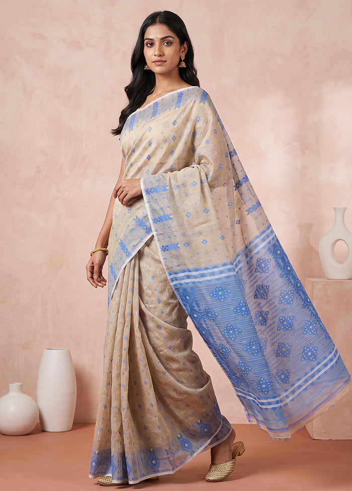 Blue Jamdani Cotton Saree Without Blouse Piece