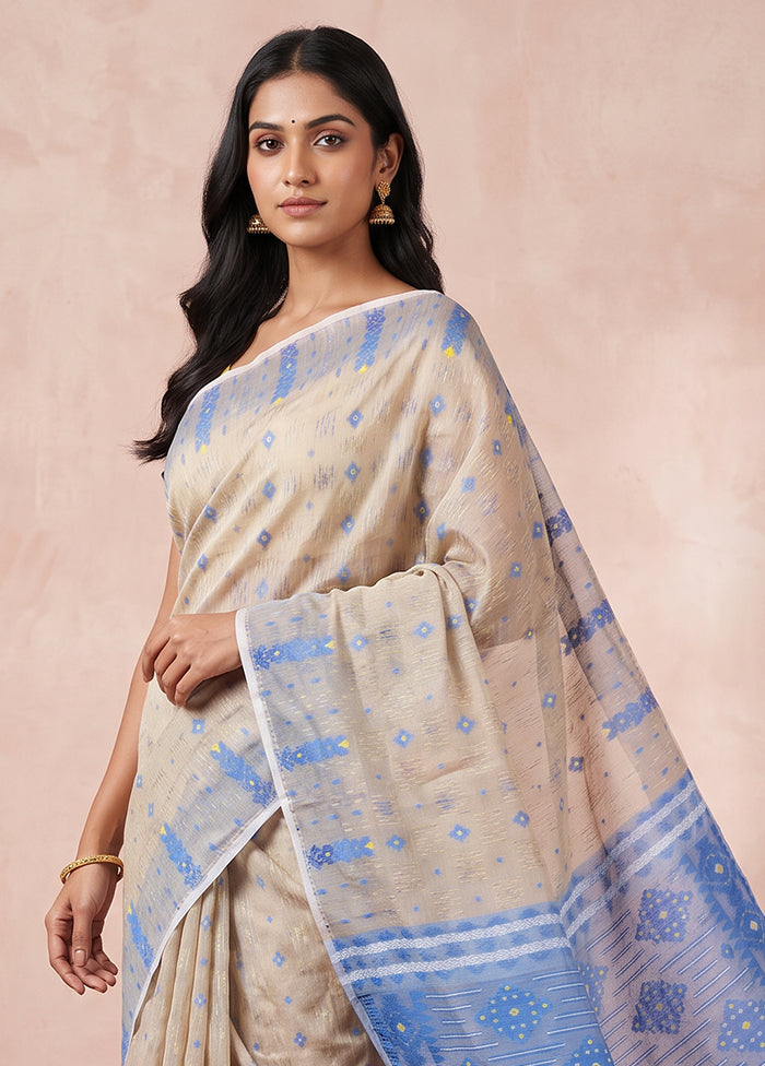 Blue Jamdani Cotton Saree Without Blouse Piece
