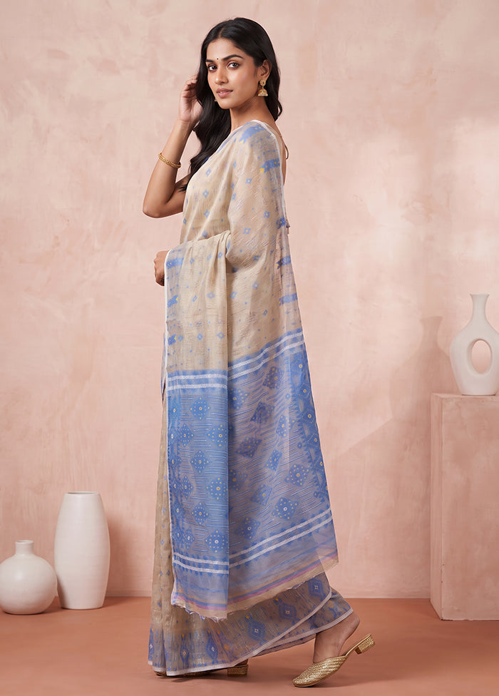 Blue Jamdani Cotton Saree Without Blouse Piece