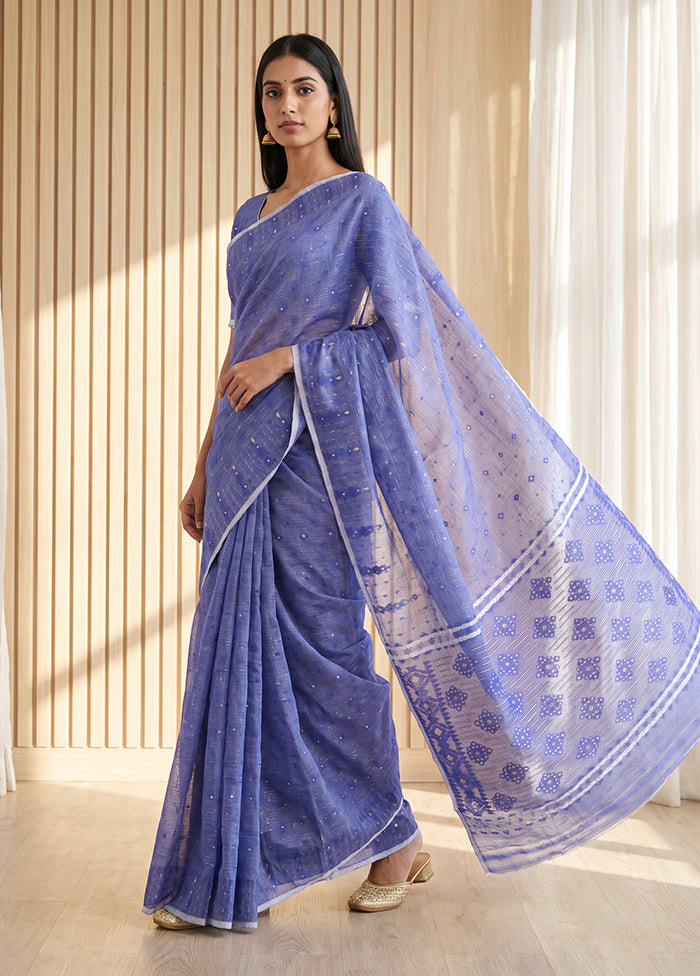 Blue Jamdani Cotton Saree Without Blouse Piece