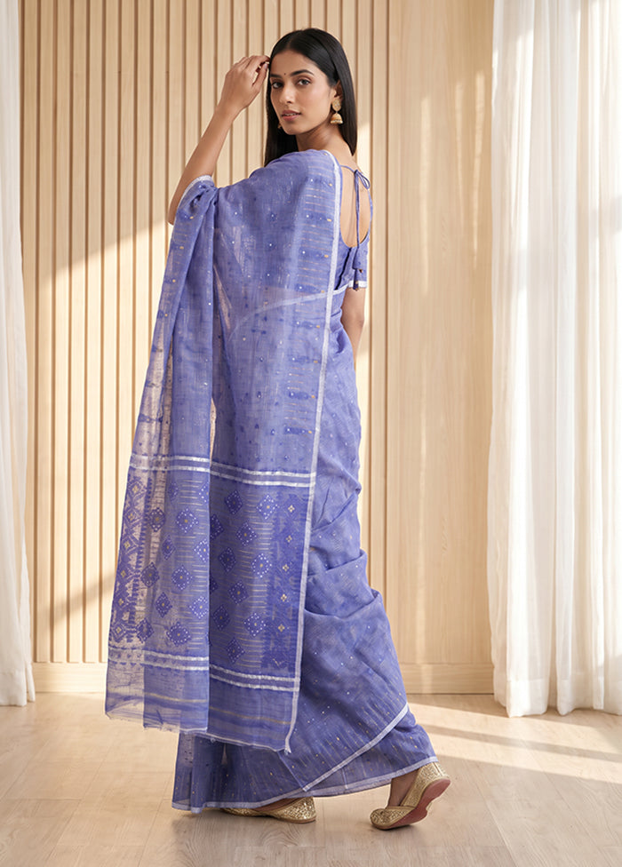 Blue Jamdani Cotton Saree Without Blouse Piece