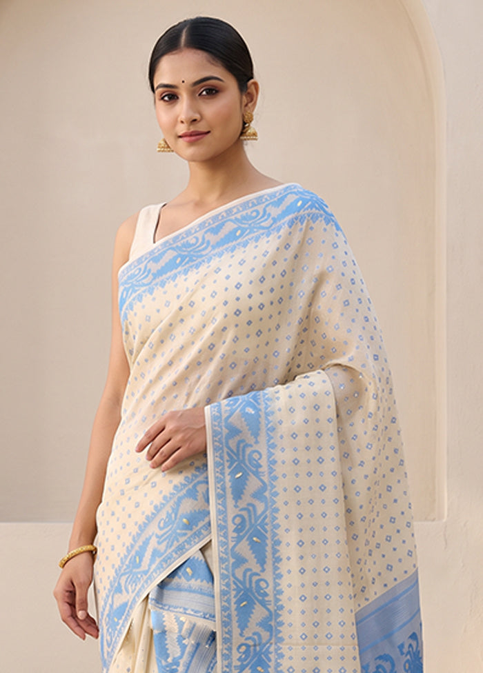 Blue Jamdani Cotton Saree Without Blouse Piece