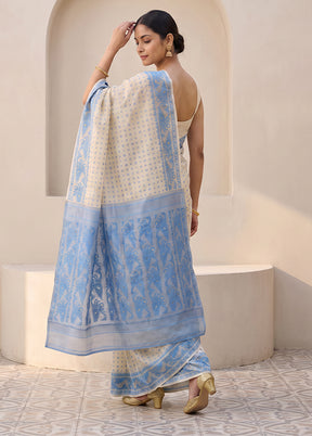 Blue Jamdani Cotton Saree Without Blouse Piece