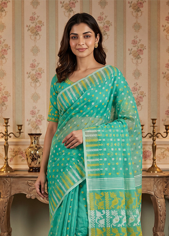 Green Jamdani Cotton Saree Without Blouse Piece