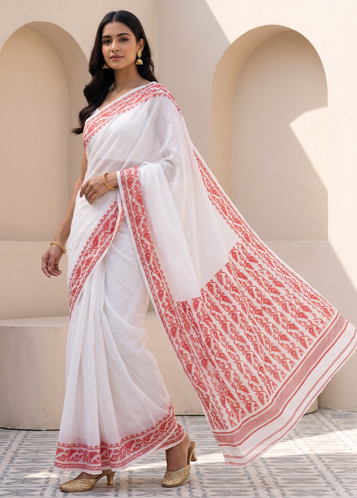 White Jamdani Cotton Saree Without Blouse Piece