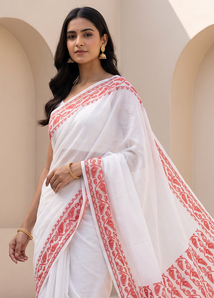 White Jamdani Cotton Saree Without Blouse Piece