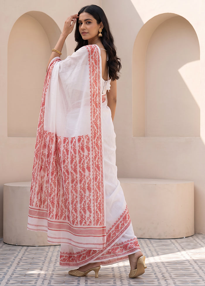 White Jamdani Cotton Saree Without Blouse Piece