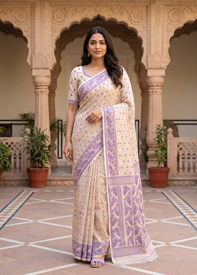 Cream Jamdani Cotton Saree Without Blouse Piece
