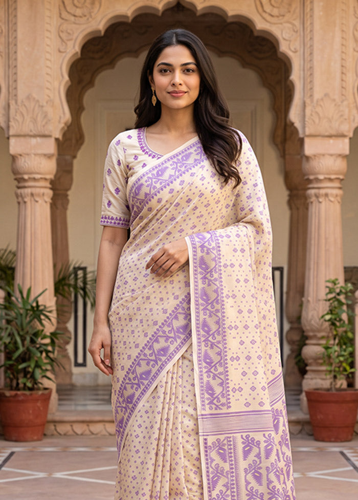 Cream Jamdani Cotton Saree Without Blouse Piece