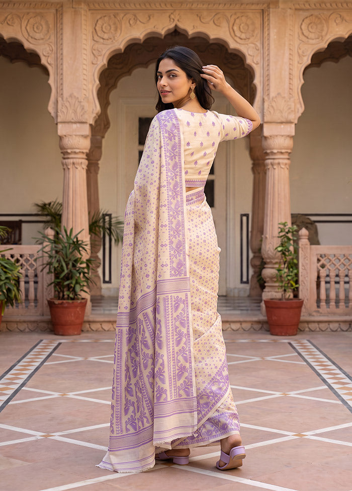 Cream Jamdani Cotton Saree Without Blouse Piece