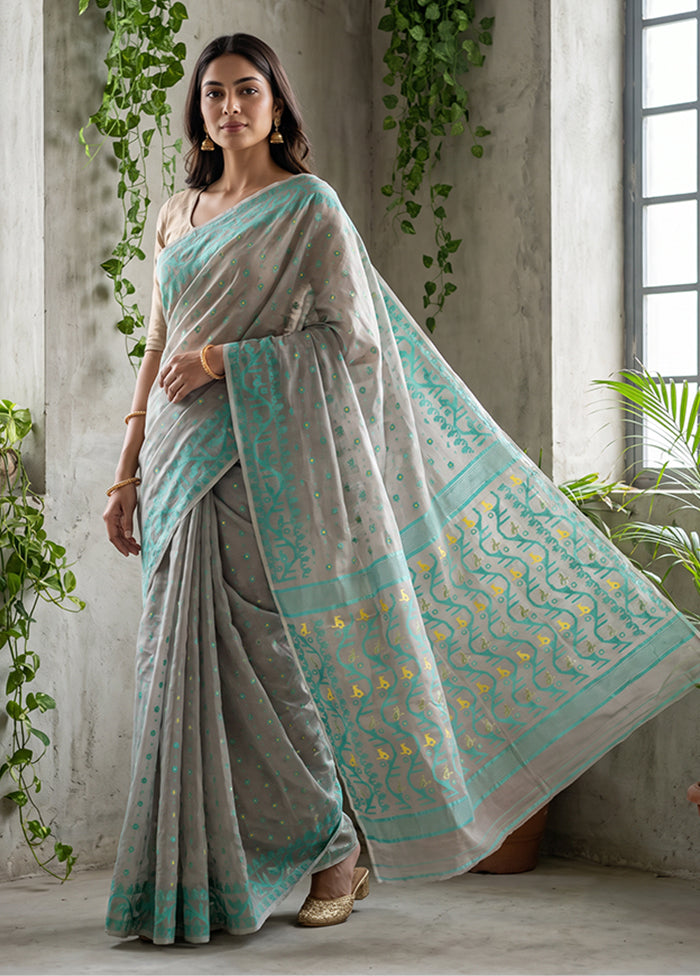 Grey Jamdani Cotton Saree Without Blouse Piece