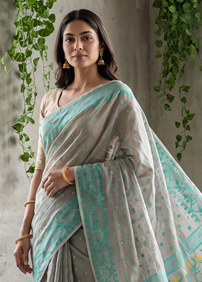 Grey Jamdani Cotton Saree Without Blouse Piece