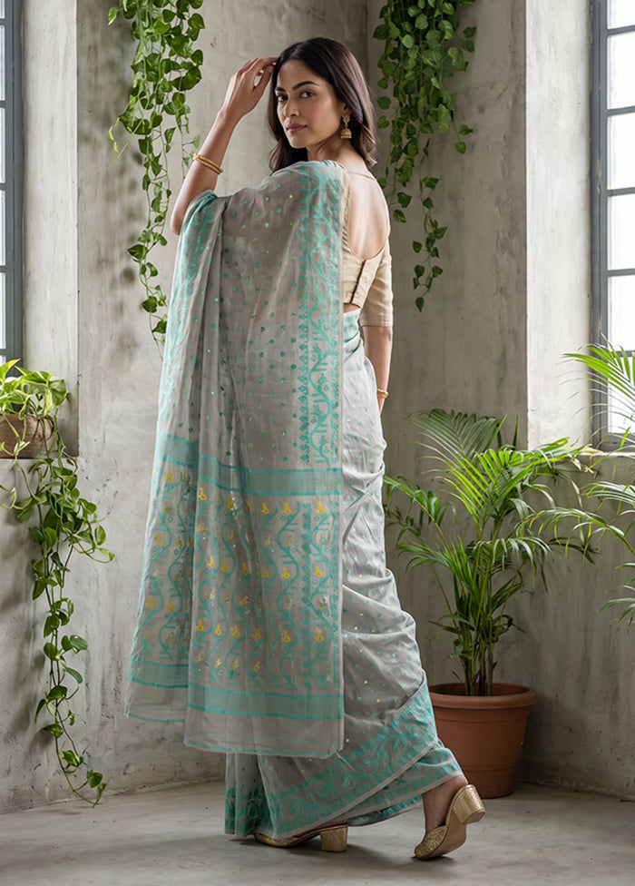 Grey Jamdani Cotton Saree Without Blouse Piece