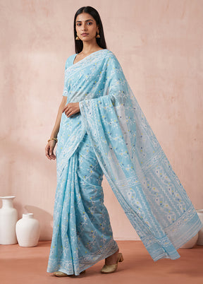 Blue Jamdani Cotton Saree Without Blouse Piece