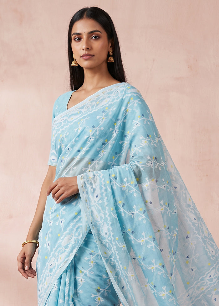 Blue Jamdani Cotton Saree Without Blouse Piece