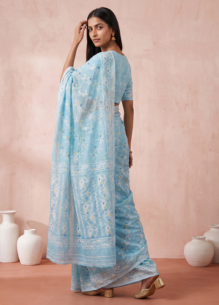 Blue Jamdani Cotton Saree Without Blouse Piece