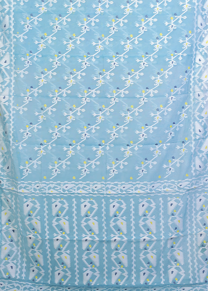 Blue Jamdani Cotton Saree Without Blouse Piece