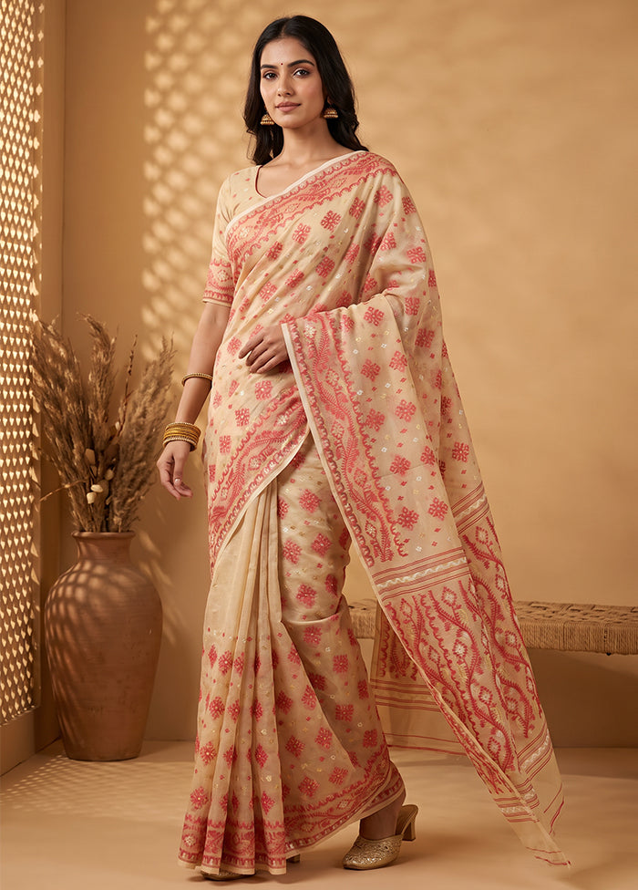 Cream Jamdani Cotton Saree Without Blouse Piece