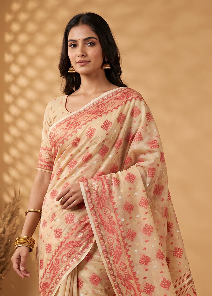 Cream Jamdani Cotton Saree Without Blouse Piece