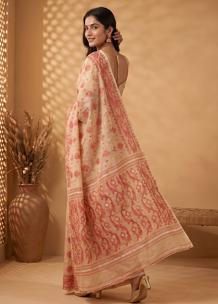 Cream Jamdani Cotton Saree Without Blouse Piece
