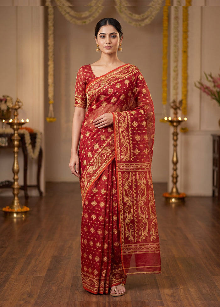 Red Jamdani Cotton Saree Without Blouse Piece