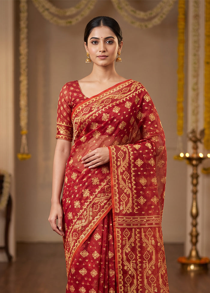Red Jamdani Cotton Saree Without Blouse Piece