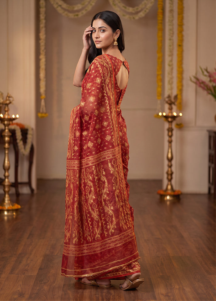 Red Jamdani Cotton Saree Without Blouse Piece
