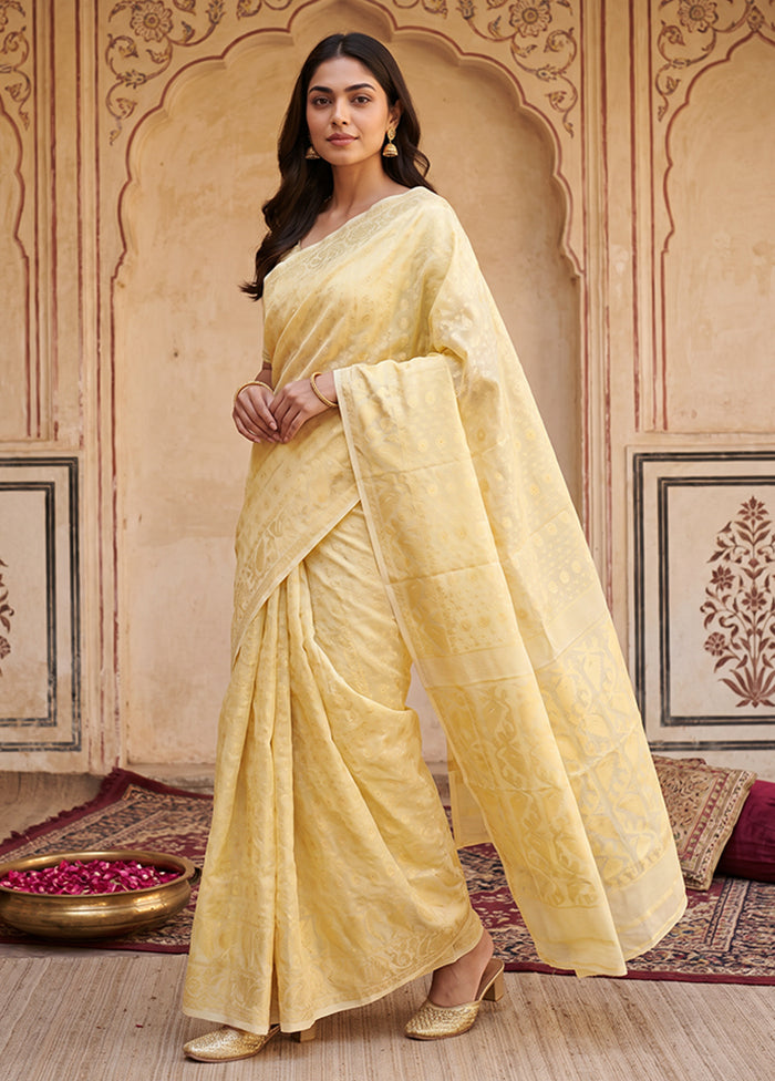 Cream Jamdani Cotton Saree Without Blouse Piece