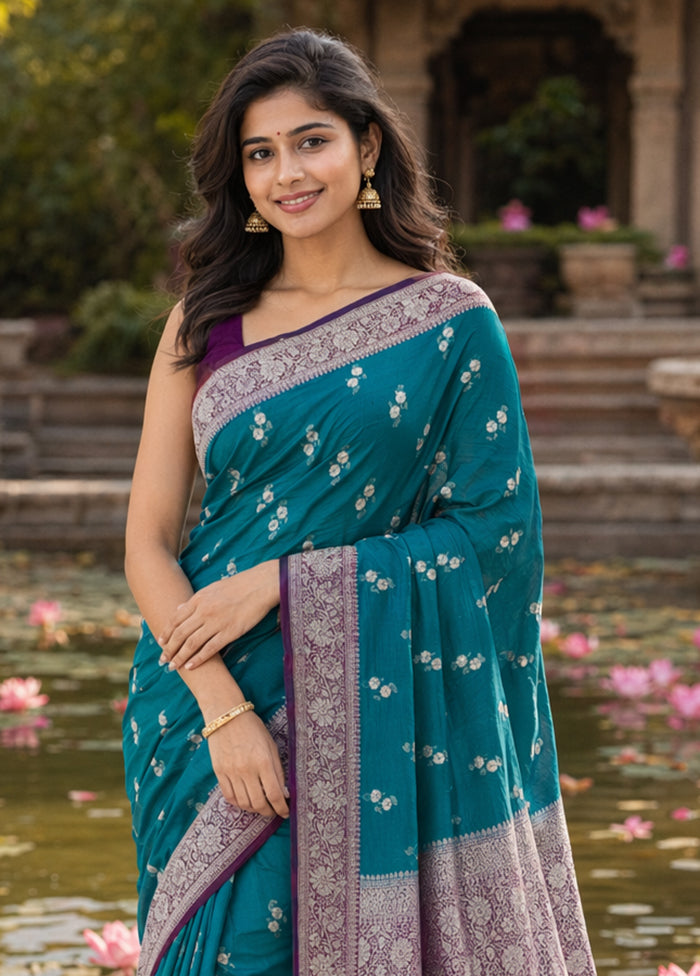 Blue Katan Silk Saree With Blouse Piece