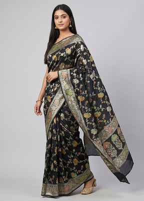 Black Handloom Pure Georgette Saree With Blouse Piece