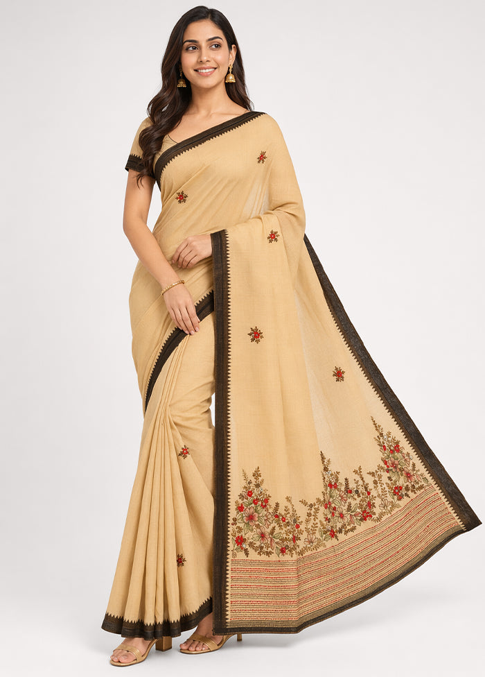 Cream Linen Silk Saree With Blouse Piece