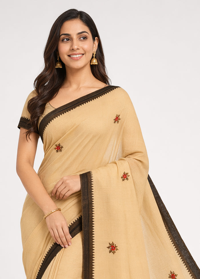 Cream Linen Silk Saree With Blouse Piece