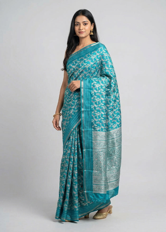 Blue Dupion Silk Saree With Blouse Piece
