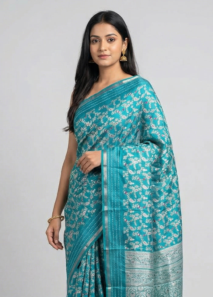 Blue Dupion Silk Saree With Blouse Piece