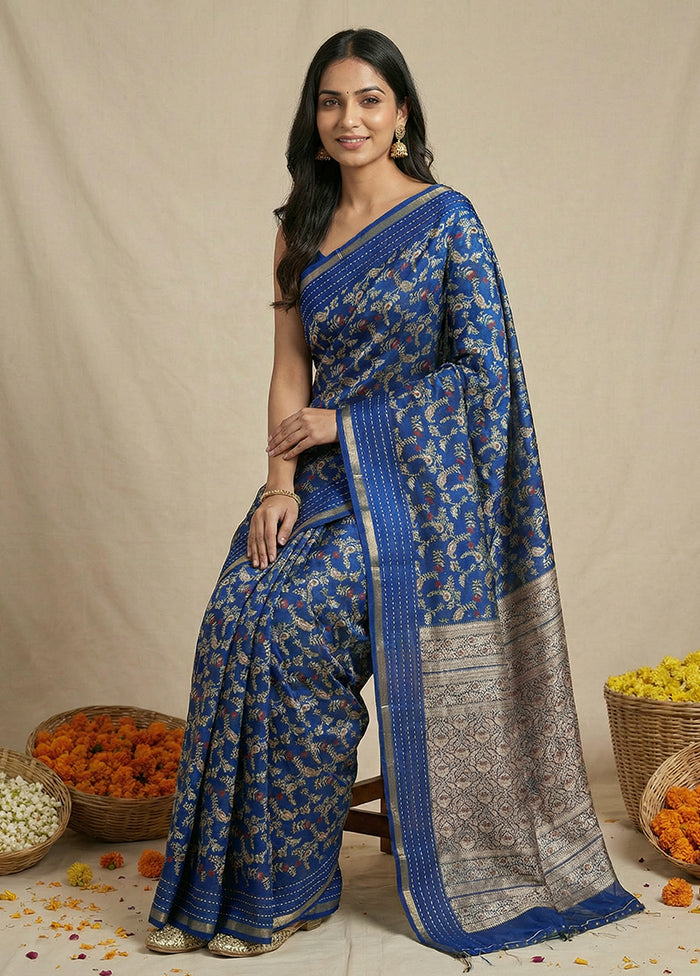 Blue Dupion Silk Saree With Blouse Piece