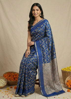 Blue Dupion Silk Saree With Blouse Piece