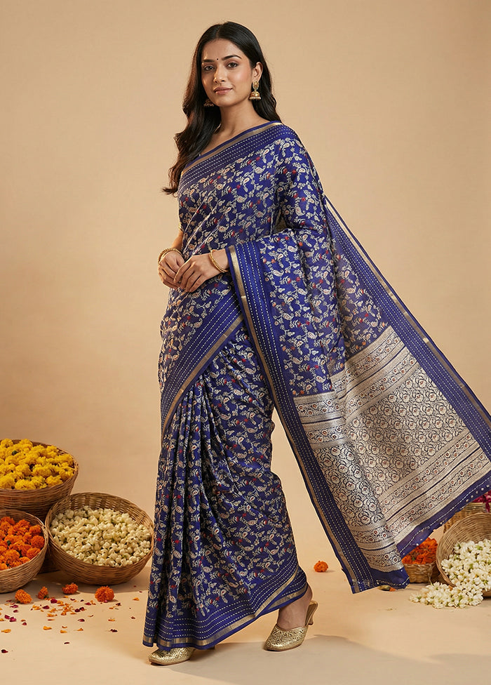Blue Dupion Silk Saree With Blouse Piece
