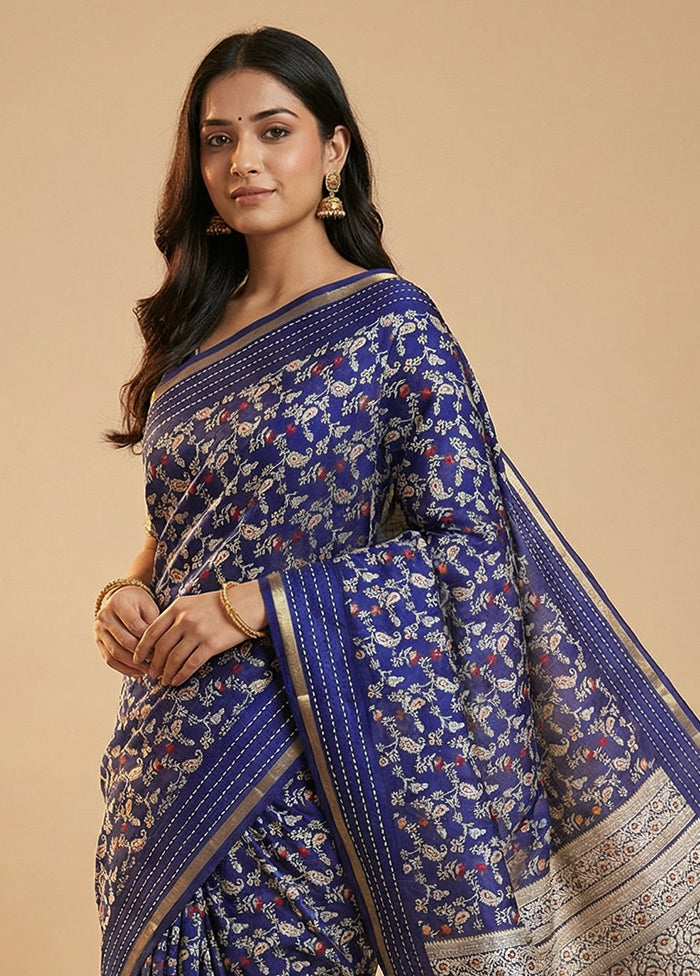 Blue Dupion Silk Saree With Blouse Piece