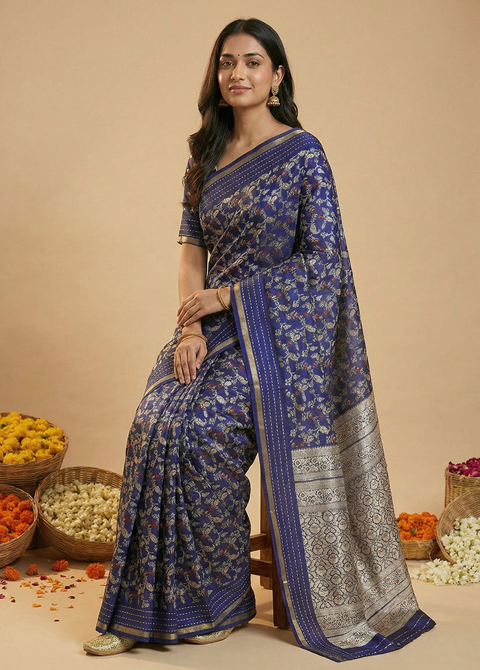 Blue Dupion Silk Saree With Blouse Piece