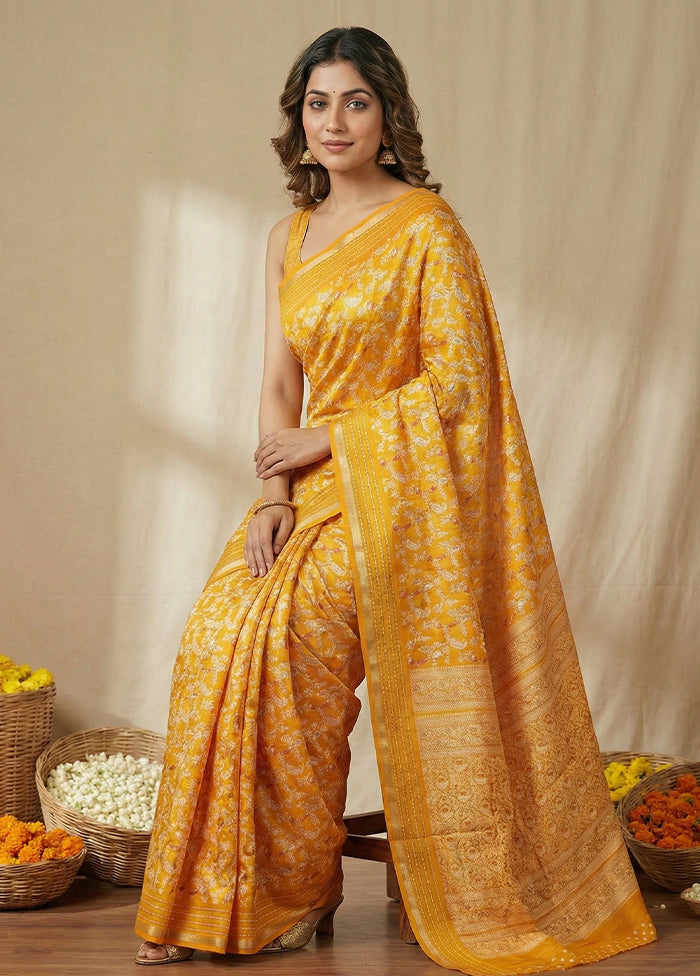 Yellow Dupion Silk Saree With Blouse Piece