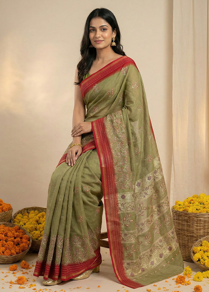 Green Dupion Silk Saree With Blouse Piece