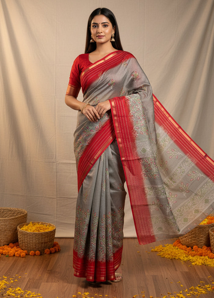 Grey Dupion Silk Saree With Blouse Piece