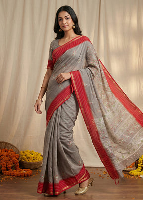 Grey Dupion Silk Saree With Blouse Piece