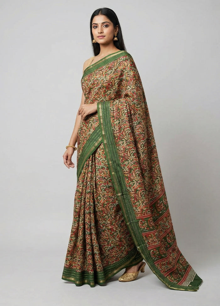 Green Dupion Silk Saree With Blouse Piece